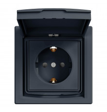 Розетка ip44 с крышкой, с заземлением, с защитными шторками, антрацит Asfora