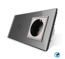 Бесконтактный выключатель 1 сенсор 1 розетка серый стекло Livolo (VL-C701/C7C1EU-PRO-15)