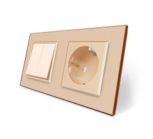 Двухклавишный выключатель с розеткой золотой стекло Livolo (VL-C7C1EUK2-13)