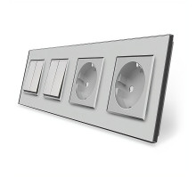 Комплект двухклавишных выключателей с двойной розеткой серый стекло Livolo (VL-C7K2/K2/FCTC16A/FCTC16A-8IP)