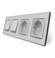 Комплект двухклавишных выключателей с двойной розеткой серый стекло Livolo (VL-C7K2/K2/FCTC16A/FCTC16A-8IP)