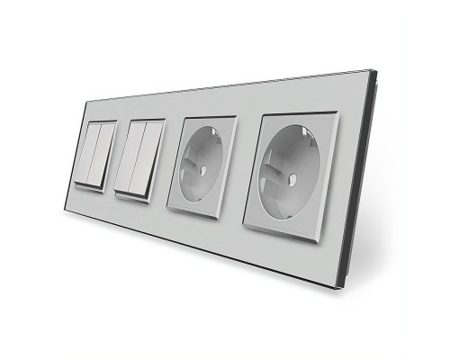 Комплект двухклавишных выключателей с двойной розеткой серый стекло Livolo (VL-C7K2/K2/FCTC16A/FCTC16A-8IP)