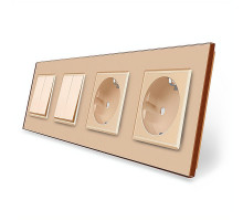 Комплект двухклавишных выключателей с двойной розеткой золотой стекло Livolo (VL-C7K2/K2/FCTC16A/FCTC16A-8AP)