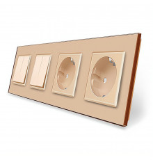 Комплект двухклавишных выключателей с двойной розеткой золотой стекло Livolo (VL-C7K2/K2/FCTC16A/FCTC16A-8AP)