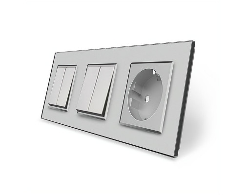 Комплект двухклавишных выключателей с розеткой серый стекло Livolo (VL-C7K2/K2/FCTC16A-6IP)
