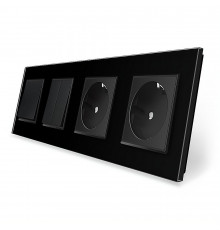 Комплект одноклавишный с двухклавишным выключателем и двойной розеткой черный стекло Livolo (VL-C7K1/K2/FCTC16A/FCTC16A-8BP)