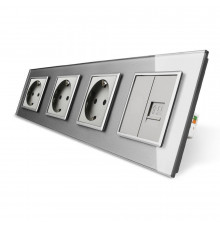 Розетка четырехместная комбинированная Силовая Интернет серый стекло Livolo (VL-C7C3EU1CK0-15)