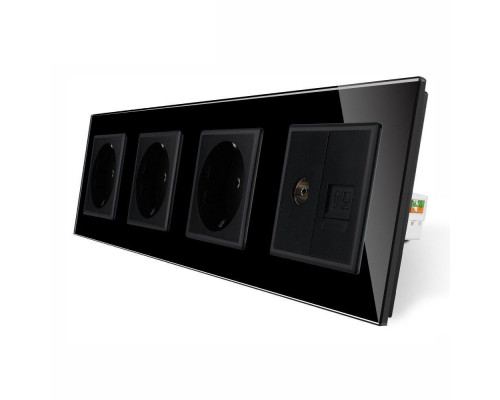 Розетка четырехместная комбинированная Силовая Интернет ТВ черный стекло Livolo (VL-C7C3EU1C1V-12)