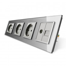 Розетка четырехместная комбинированная Силовая Интернет ТВ серый стекло Livolo (VL-C7C3EU1C1V-15)