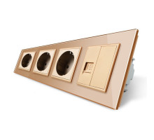 Розетка четырехместная комбинированная Силовая Интернет золото стекло Livolo (VL-C7C3EU1CK0-13)