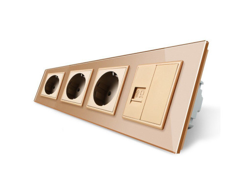 Розетка четырехместная комбинированная Силовая Интернет золото стекло Livolo (VL-C7C3EU1CK0-13)