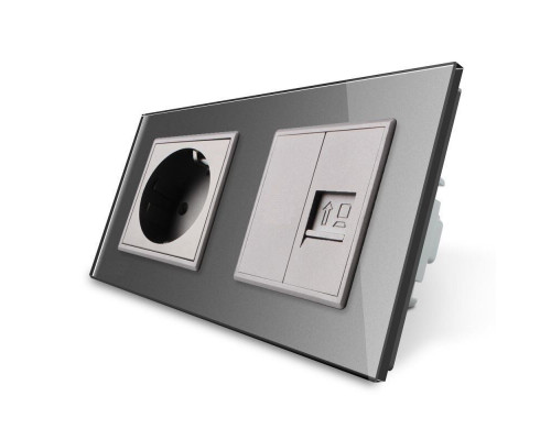 Розетка двухместная комбинированная Силовая Интернет серый стекло Livolo (VL-C7C1EUK01C-15)