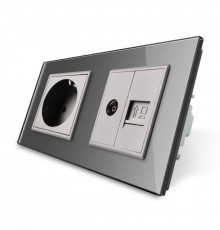 Розетка двухместная комбинированная Силовая Интернет ТВ серый стекло Livolo (VL-C7C1EU1V1C-15)