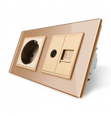 Розетка двухместная комбинированная Силовая Интернет ТВ золото стекло Livolo (VL-C7C1EU1V1C-13)