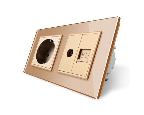 Розетка двухместная комбинированная Силовая Интернет ТВ золото стекло Livolo (VL-C7C1EU1V1C-13)