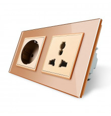 Розетка двухместная силовая и универсальная золотой стекло Livolo (VL-C7C1EUC1C-13)