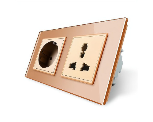 Розетка двухместная силовая и универсальная золотой стекло Livolo (VL-C7C1EUC1C-13)