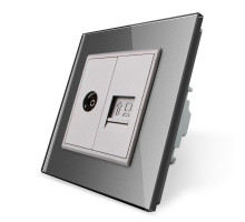 Розетка компьютерная RJ-45 и ТВ розетка серый стекло Livolo (VL-C791VC-15)