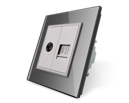 Розетка компьютерная RJ-45 и ТВ розетка серый стекло Livolo (VL-C791VC-15)
