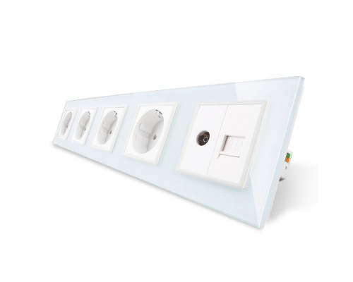 Розетка пятиместная комбинированная Силовая Интернет ТВ белый стекло Livolo (VL-C7C4EU1C1V-11)