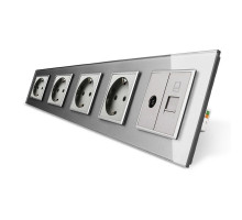 Розетка пятиместная комбинированная Силовая Интернет ТВ серый стекло Livolo (VL-C7C4EU1C1V-15)