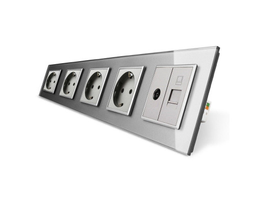 Розетка пятиместная комбинированная Силовая Интернет ТВ серый стекло Livolo (VL-C7C4EU1C1V-15)