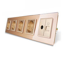 Розетка пятиместная комбинированная Силовая Интернет ТВ золото стекло Livolo (VL-C7C4EU1C1V-13)
