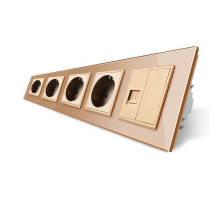 Розетка пятиместная комбинированная Силовая Интернет золото стекло Livolo (VL-C7C4EUK01C-13)