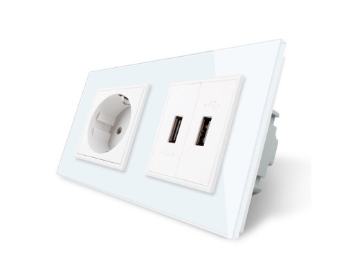 Розетка с заземлением с 2 USB розетками белый стекло Livolo (VL-C7C1EU2USB-11)