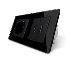 Розетка с заземлением с 2 USB розетками черный стекло Livolo (VL-C7C1EU2USB-12)