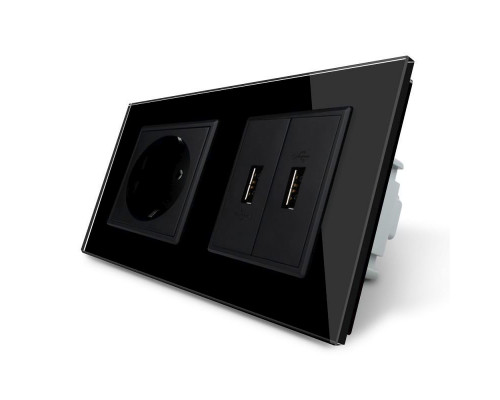 Розетка с заземлением с 2 USB розетками черный стекло Livolo (VL-C7C1EU2USB-12)