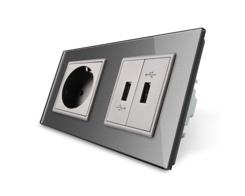 Розетка с заземлением с 2 USB розетками серый стекло Livolo (VL-C7C1EU2USB-15)
