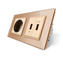 Розетка с заземлением с 2 USB розетками золотой стекло Livolo (VL-C7C1EU2USB-13)