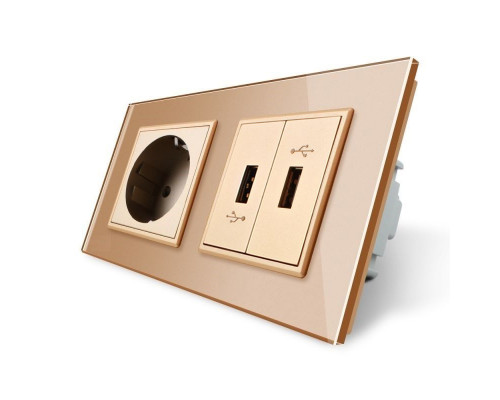 Розетка с заземлением с 2 USB розетками золотой стекло Livolo (VL-C7C1EU2USB-13)