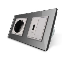 Розетка с заземлением с USB розеткой серый стекло Livolo (VL-C7C1EUUSBK0-15)