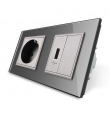 Розетка с заземлением с USB розеткой серый стекло Livolo (VL-C7C1EUUSBK0-15)