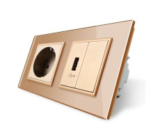 Розетка с заземлением с USB розеткой золотой стекло Livolo (VL-C7C1EUUSBK0-13)