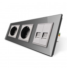 Розетка трехместная комбинированная Силовая 2 Интернет серый стекло Livolo (VL-C7C2EU2CK0-15)