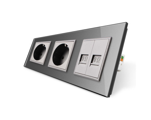 Розетка трехместная комбинированная Силовая 2 Интернет серый стекло Livolo (VL-C7C2EU2CK0-15)