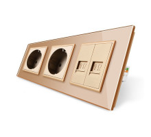 Розетка трехместная комбинированная Силовая 2 Интернет золотой стекло Livolo (VL-C7C2EU2CK0-13)