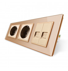 Розетка трехместная комбинированная Силовая 2 Интернет золотой стекло Livolo (VL-C7C2EU2CK0-13)