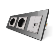 Розетка трехместная комбинированная Силовая Интернет серый стекло Livolo (VL-C7C2EU1CK0-15)