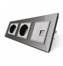 Розетка трехместная комбинированная Силовая Интернет серый стекло Livolo (VL-C7C2EU1CK0-15)