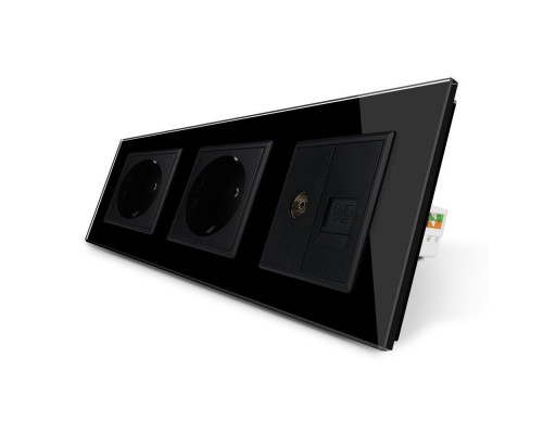 Розетка трехместная комбинированная Силовая Интернет ТВ черный стекло Livolo (VL-C7C2EU1C1V-12)