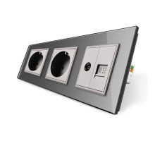 Розетка трехместная комбинированная Силовая Интернет ТВ серый стекло Livolo (VL-C7C2EU1C1V-15)