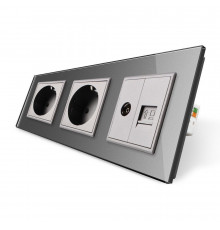 Розетка трехместная комбинированная Силовая Интернет ТВ серый стекло Livolo (VL-C7C2EU1C1V-15)