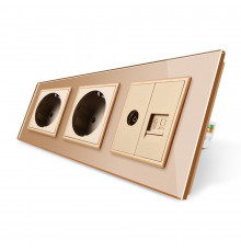 Розетка трехместная комбинированная Силовая Интернет ТВ золото стекло Livolo (VL-C7C2EU1C1V-13)