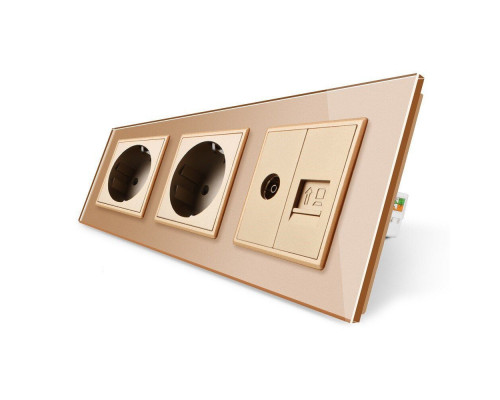 Розетка трехместная комбинированная Силовая Интернет ТВ золото стекло Livolo (VL-C7C2EU1C1V-13)