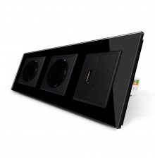 Розетка трехместная силовая с заземлением и USB цвет черный стекло Livolo (VL-C7C2EU1USB0-12)