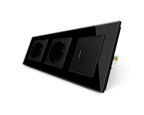 Розетка трехместная силовая с заземлением и USB цвет черный стекло Livolo (VL-C7C2EU1USB0-12)